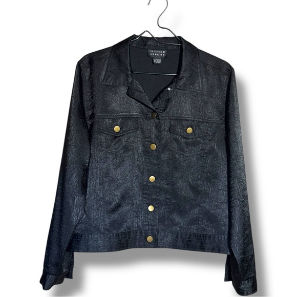 Spenser Jeremy Black Satin Long Sleeve Gold Buttons Collared Simple Chic Shirt - Picture 13 of 15